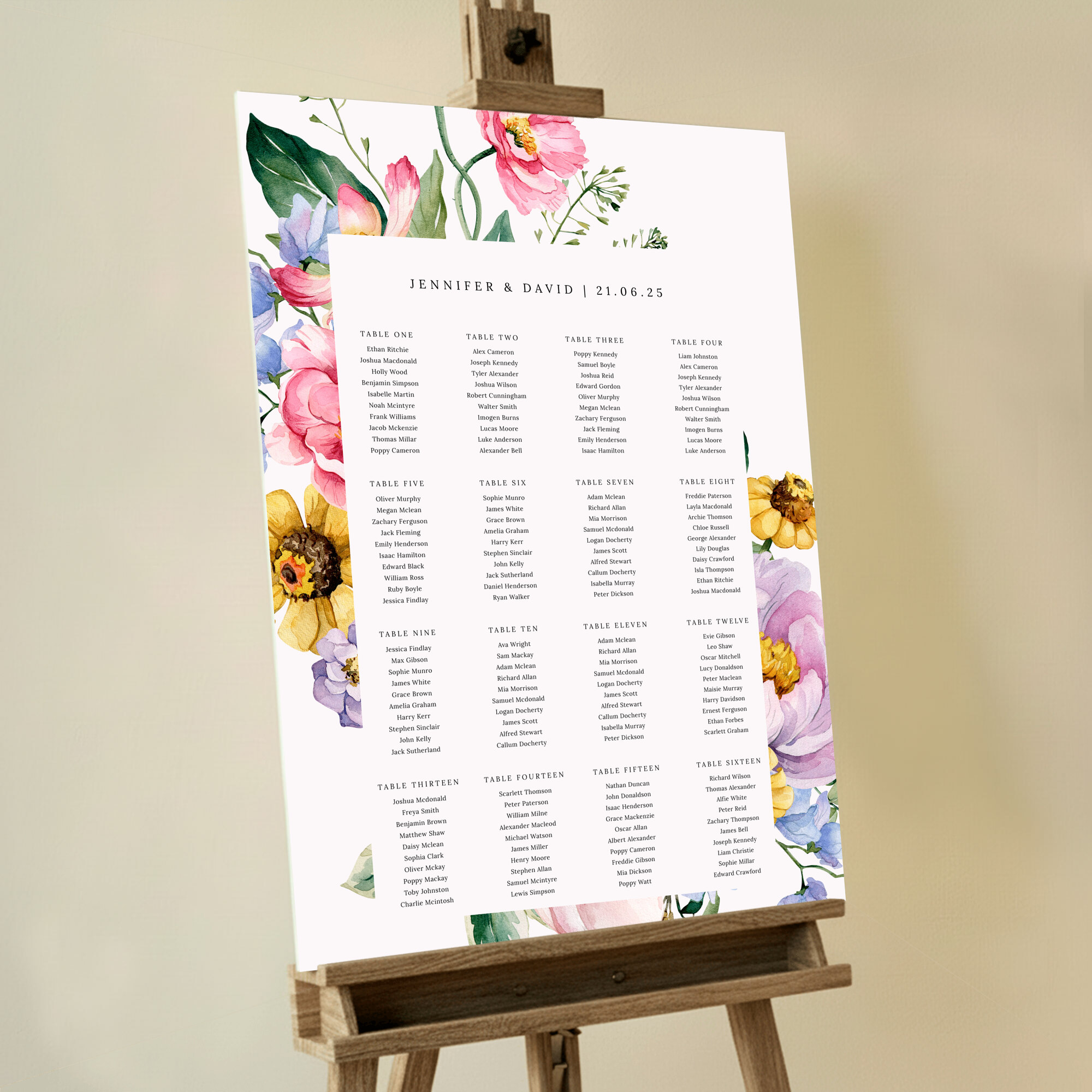 Floral wedding table plan with sixteen tables and two photos, featuring a decorative flower border. This one shows 16 tables.