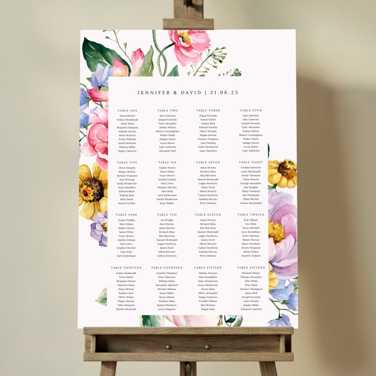Floral wedding table plan with sixteen tables and two photos, featuring a decorative flower border. This one shows 16 tables.