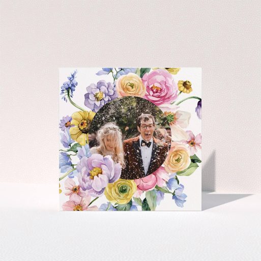 Floral Wedding Card Wedding thank you card design with floral border and one photo of a couple