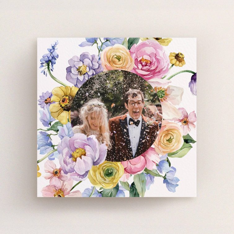Wedding thank you card design with floral border and one photo of a couple