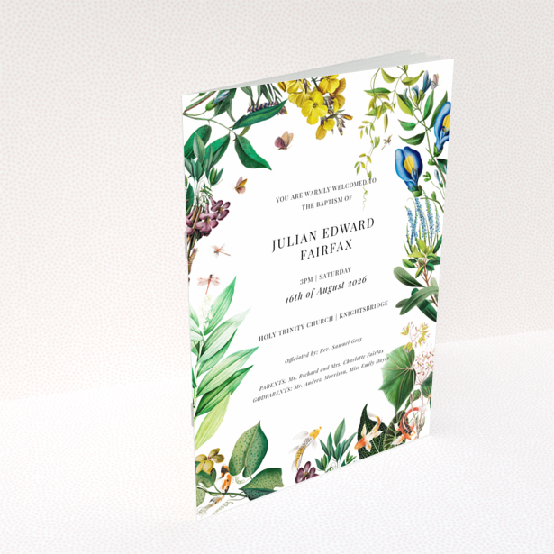 Christening order of service program design with floral border named Portrait