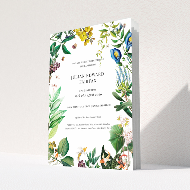 Christening order of service program design with floral border named Portrait