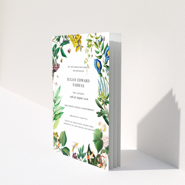 Christening order of service program design with floral border named Portrait