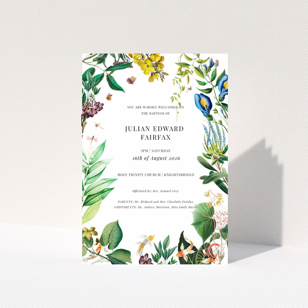 Colourful floral christening order of service program with 3 photos and intricate botanical designs