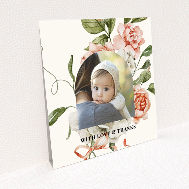 Baby thank you card with floral design and one photo