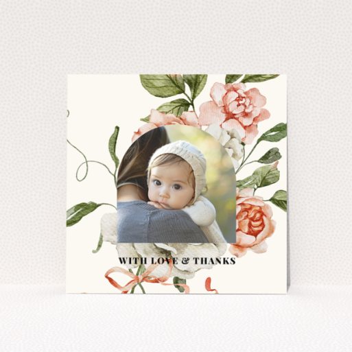 Baby thank you card with floral design and one photo