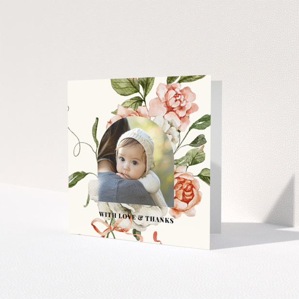 Baby thank you card with floral design and one photo