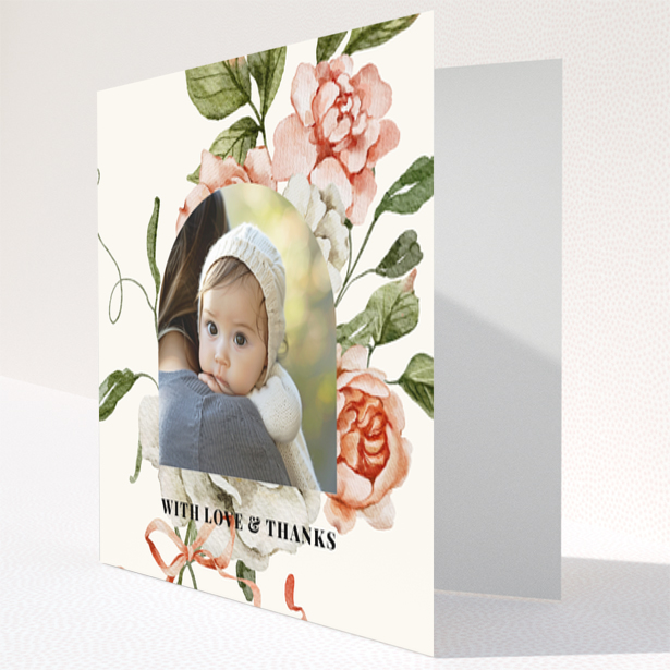 Baby thank you card with floral design and one photo