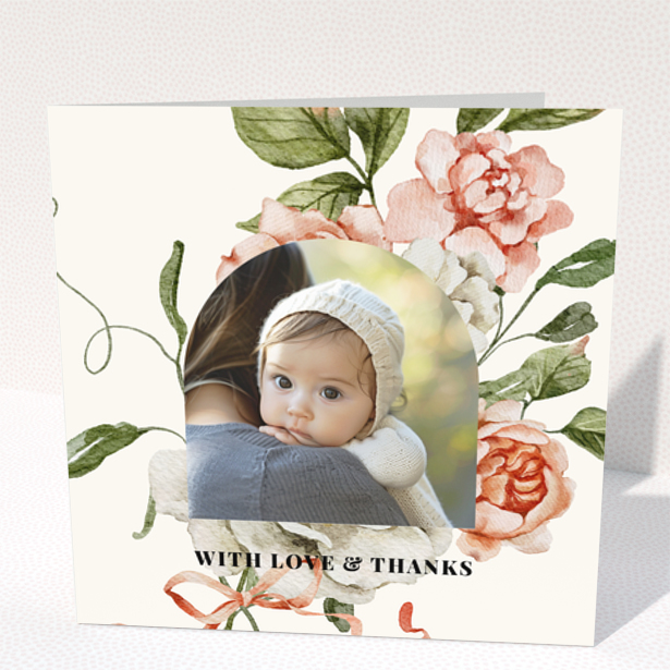 Baby thank you card with floral design and one photo