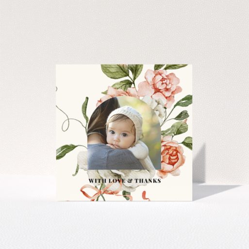 Baby thank you card with floral design and one photo