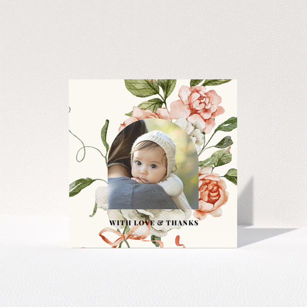 Baby thank you card with floral design and one photo