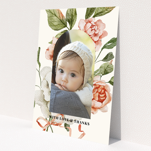Baby thank you card with floral design and one photo
