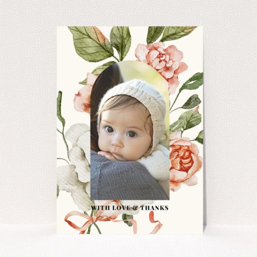 Baby thank you card with floral design and one photo