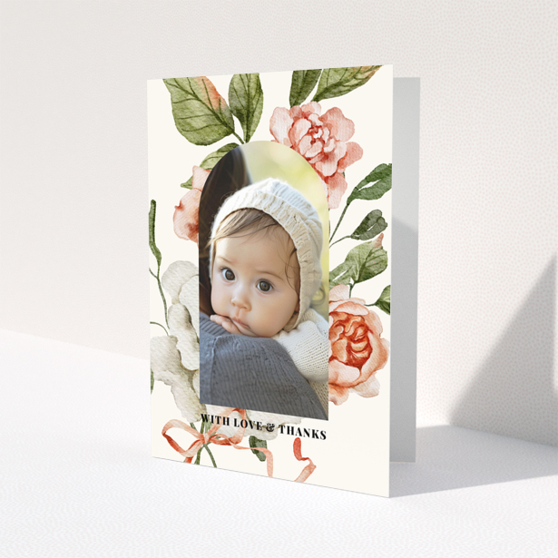 Baby thank you card with floral design and one photo