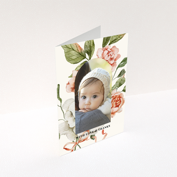 Baby thank you card with floral design and one photo