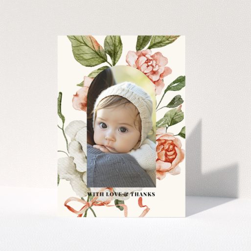 Baby thank you card with floral design and one photo