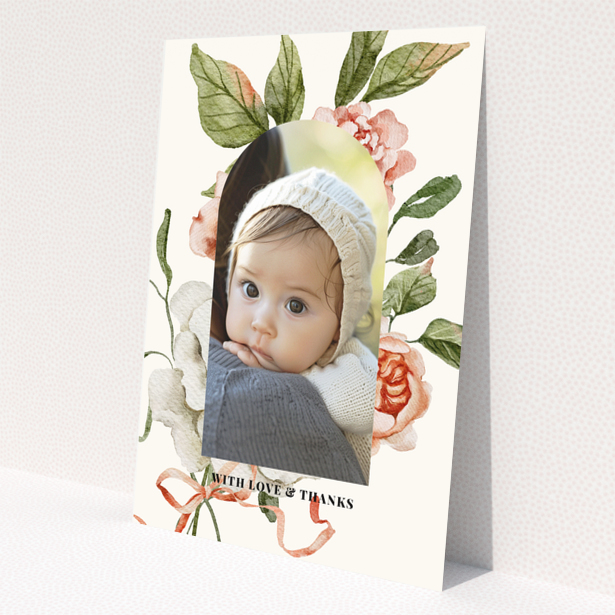Baby thank you card with floral design and one photo