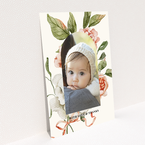 Baby thank you card with floral design and one photo