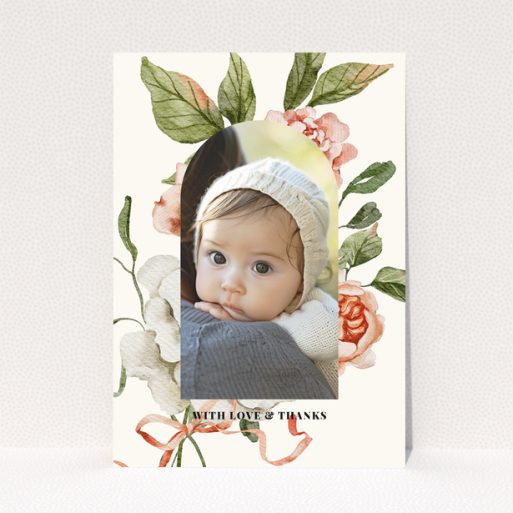 Baby thank you card with floral design and one photo