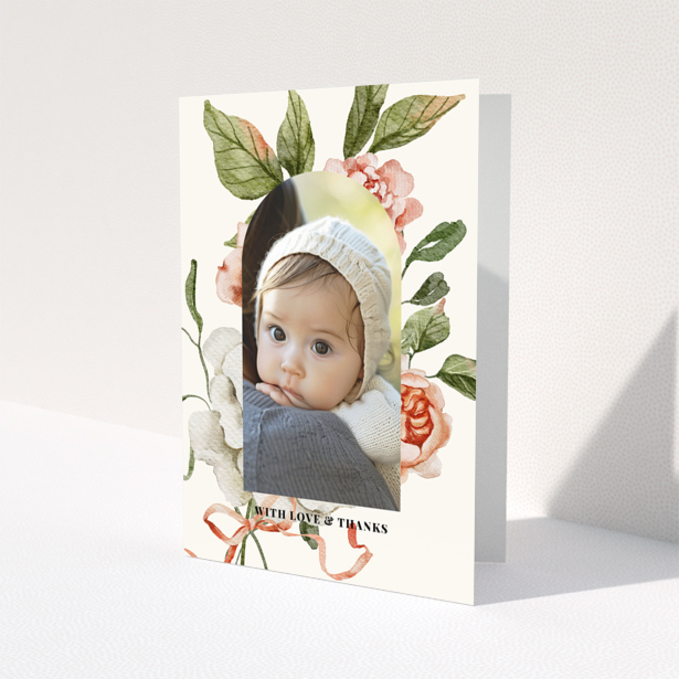 Baby thank you card with floral design and one photo