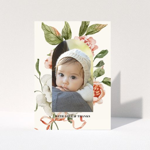 Baby thank you card with floral design and one photo