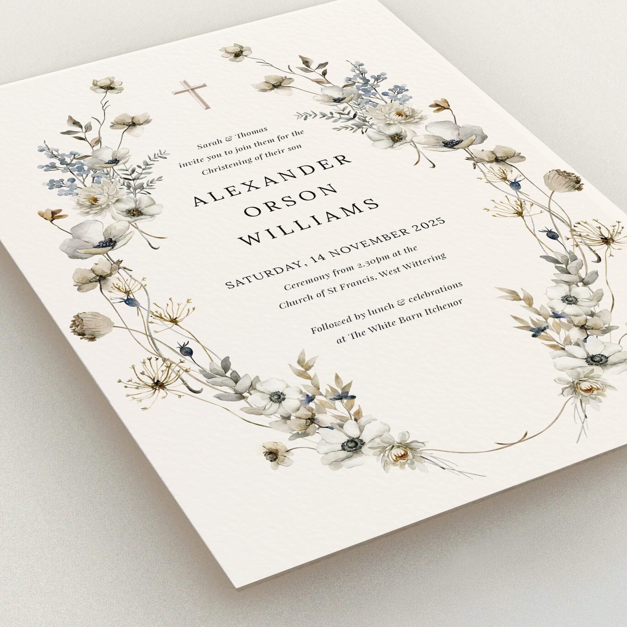 Floral christening invitation design with vintage botanical illustrations, featuring no photos.