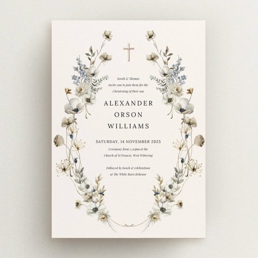 Floral Christening Invite Floral christening invitation design with vintage botanical illustrations, featuring no photos.
