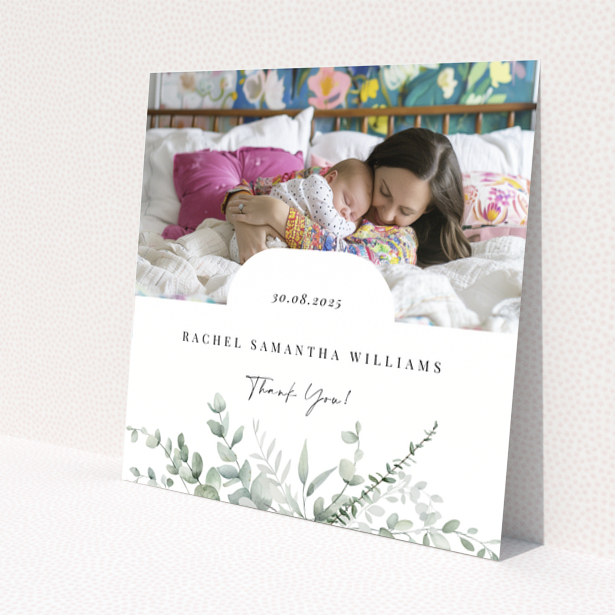 Baby thank you card design featuring one photo with floral decoration