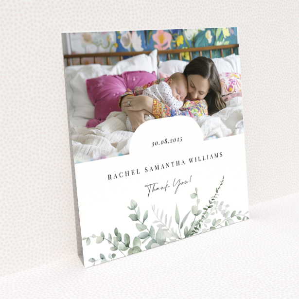 Baby thank you card design featuring one photo with floral decoration