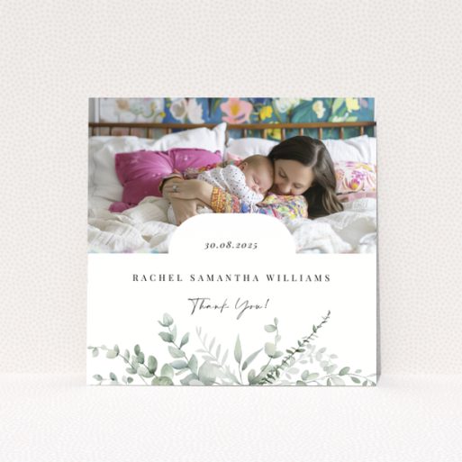 Baby thank you card design featuring one photo with floral decoration