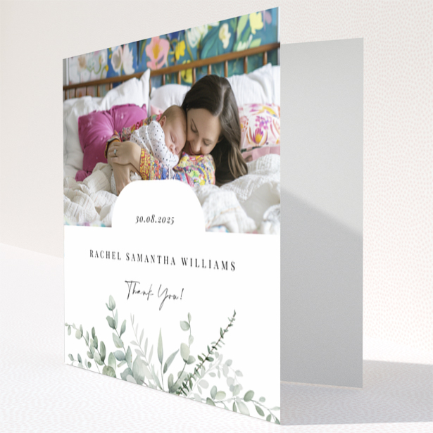 Baby thank you card design featuring one photo with floral decoration