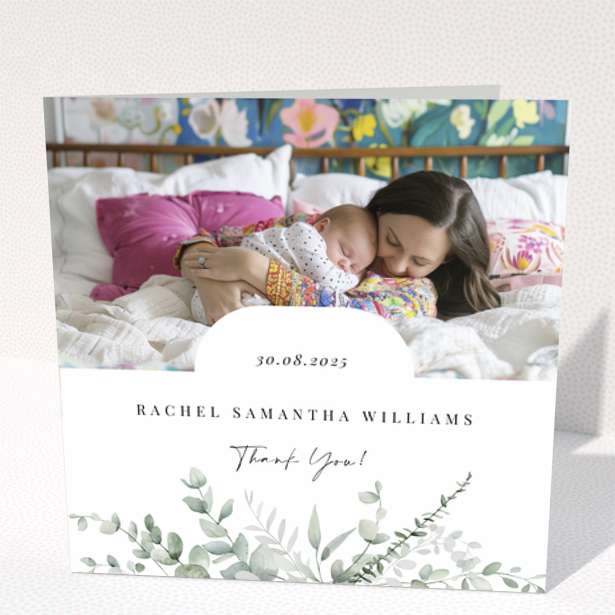 Baby thank you card design featuring one photo with floral decoration