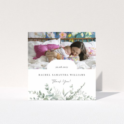 Baby thank you card design featuring one photo with floral decoration