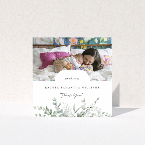 Baby thank you card design featuring one photo with floral decoration