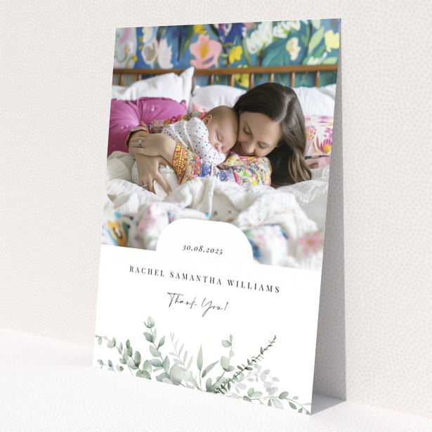 Baby thank you card design featuring one photo with floral decoration