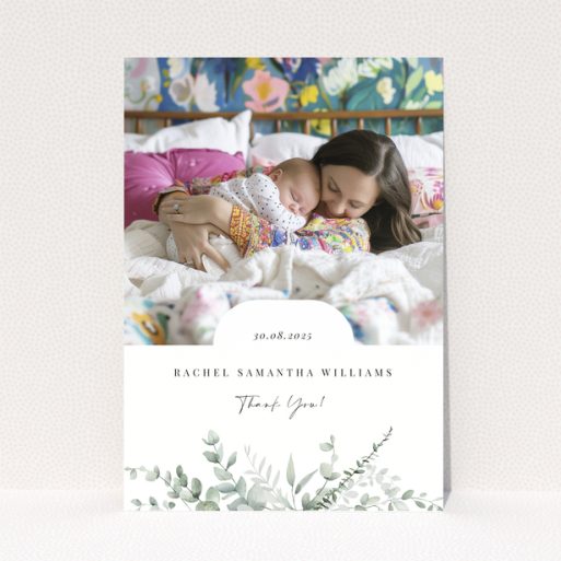 Baby thank you card design featuring one photo with floral decoration