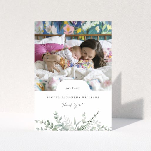 Baby thank you card design featuring one photo with floral decoration