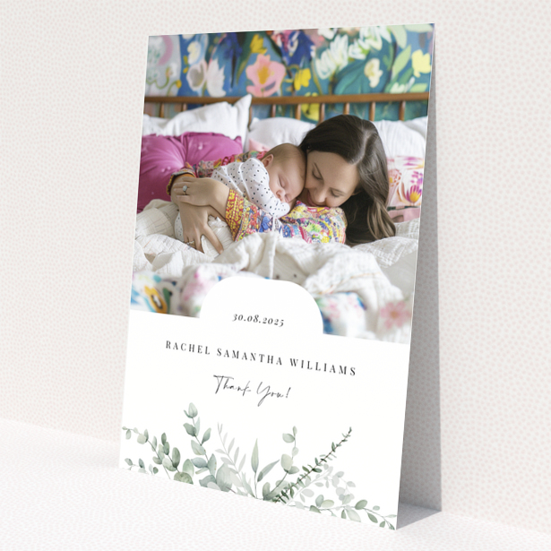 Baby thank you card design featuring one photo with floral decoration