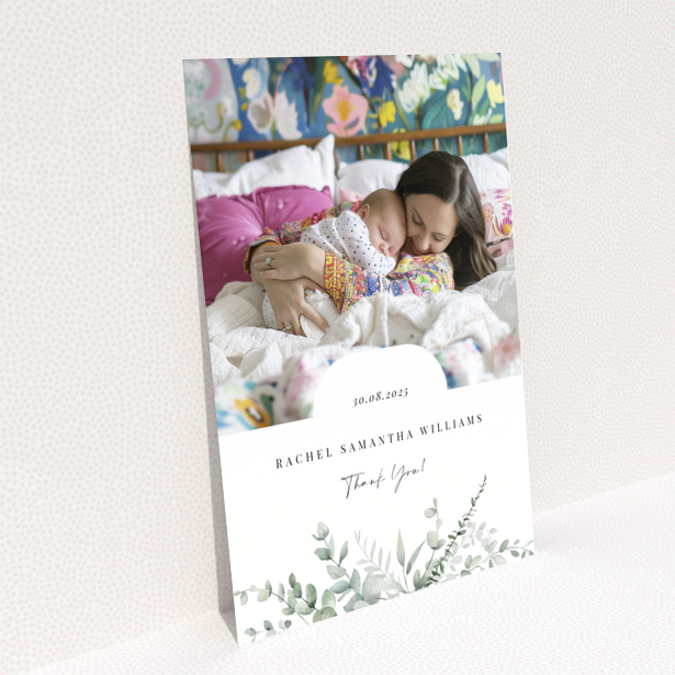 Baby thank you card design featuring one photo with floral decoration