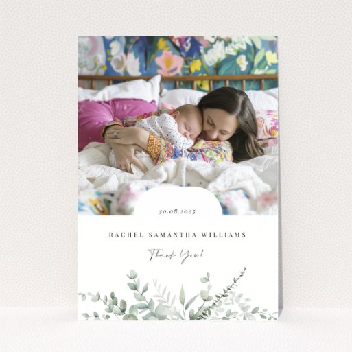 Baby thank you card design featuring one photo with floral decoration