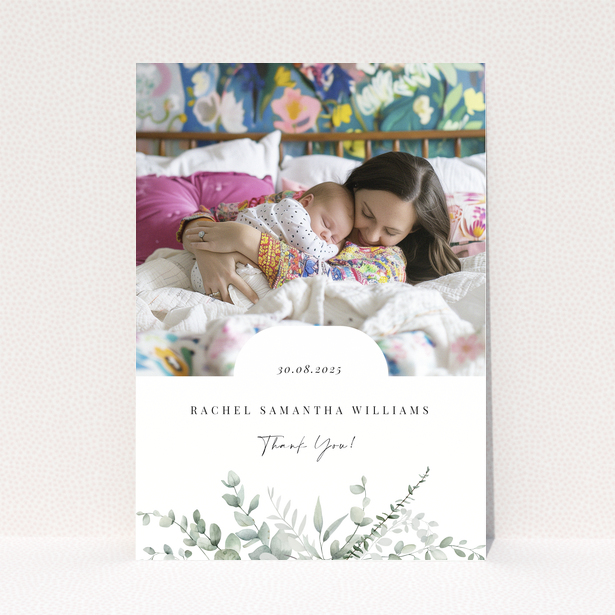 Baby thank you card design featuring one photo with floral decoration