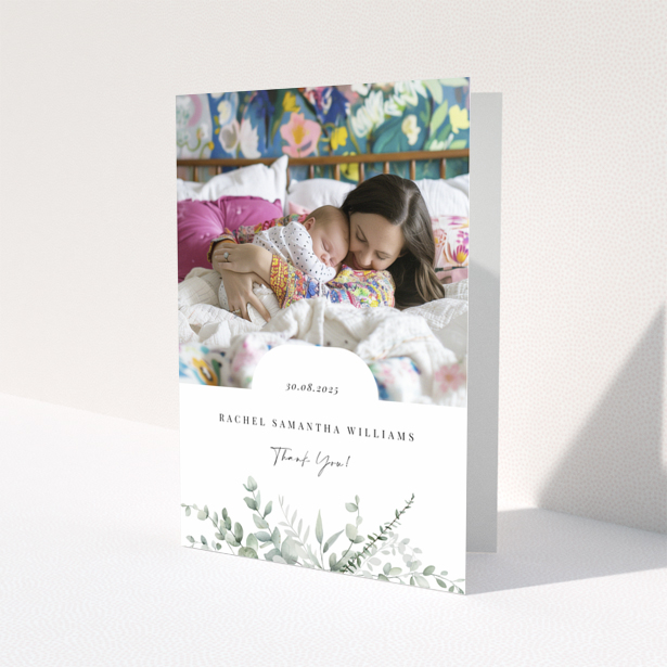 Baby thank you card design featuring one photo with floral decoration