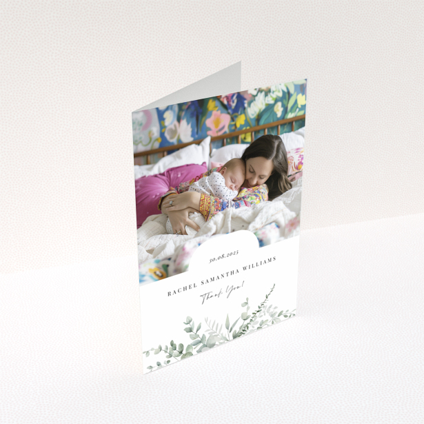 Baby thank you card design featuring one photo with floral decoration