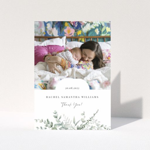 Baby thank you card design featuring one photo with floral decoration