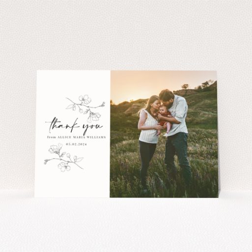 Baby thank you card with floral design and one photo on the right.