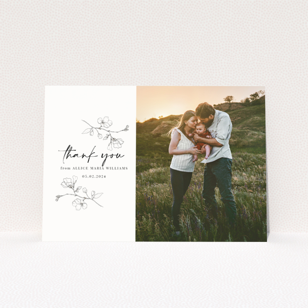 Baby thank you card with floral design and one photo on the right.