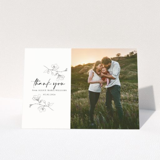 Baby thank you card with floral design and one photo on the right.