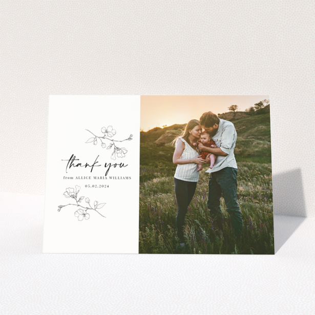 Baby thank you card with floral design and one photo on the right.