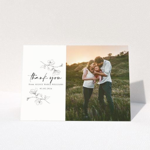 Baby thank you card with floral design and one photo on the right.