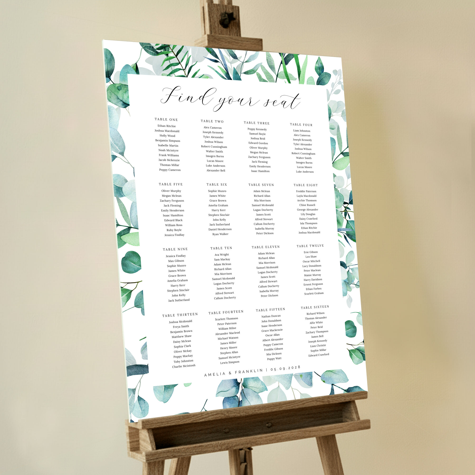 Personalized Botanical Greens Foamex Seating Plan displayed on a wooden easel. This one is formatted for 16 tables.